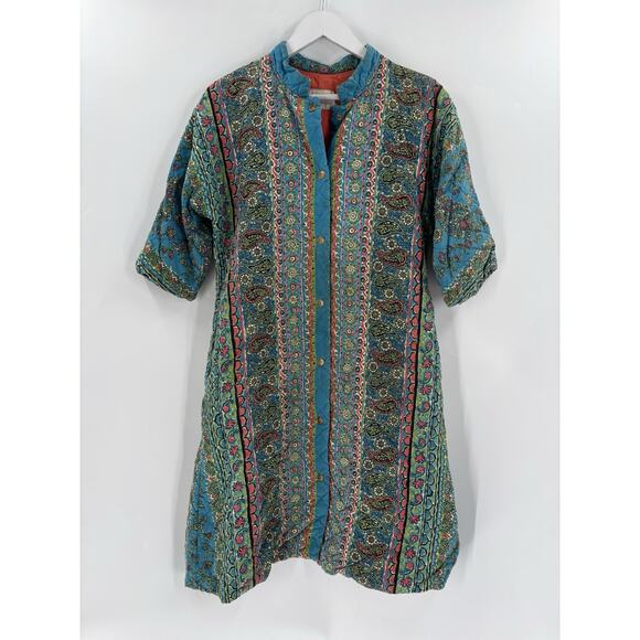Vintage Loungees House Coat Womens Small Blue Floral Paisley Snap Button Quilted - Picture 1 of 15